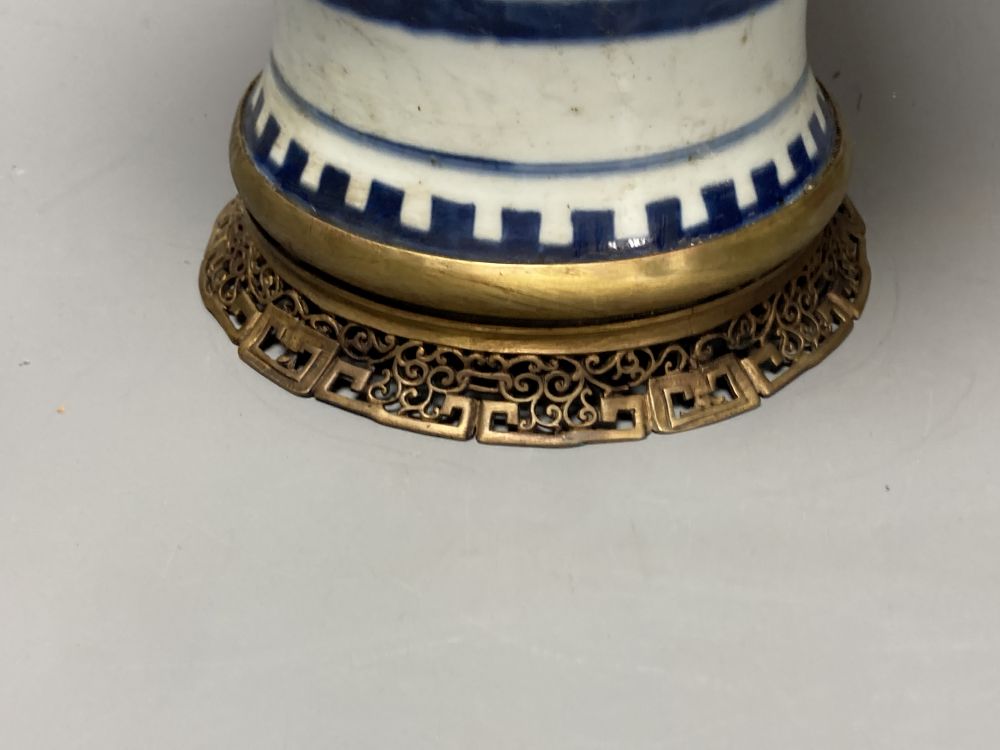 A large Chinese blue and white yen-yen vase with ormolu mounts, 54.5cm